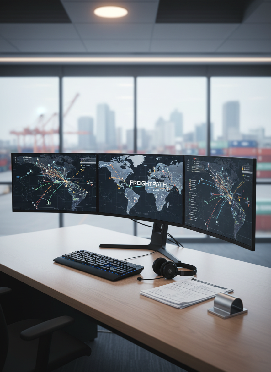 A modern freight brokerage operations desk with three ultra-wide computer monitors displaying stylized maps of North America, live shipment status icons, and route lines for FTL, LTL, dry van, reefer, flatbed, and expedited loads. A sleek black keyboard, wireless headset, and neatly stacked carrier documents sit on a clean wood surface. Large floor-to-ceiling windows reveal a blurred city logistics hub in the distance. Cool daylight mixes with soft overhead office lighting, creating a bright, focused atmosphere. Photographic realism, eye-level composition with shallow depth of field, emphasizing dependable digital communication tools as the central subject and conveying precision, reliability, and calm control.