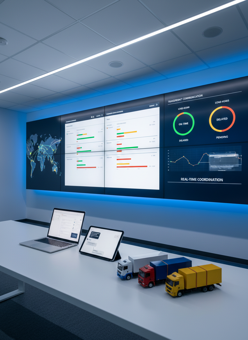 A clean, modern logistics control room featuring a massive wall-mounted digital dashboard displaying simplified shipment timelines, lane maps, and status indicators for multiple loads. In the foreground, a minimalist workstation with a slim laptop, tablet showing a messaging interface, and a small model of a dry van, reefer, flatbed, and box truck lined up in a row. Cool, diffused LED lighting reflects off a matte white desk surface, creating gentle, soft shadows. Photographic realism from a slightly elevated angle, with a calm, professional mood that highlights transparent communication, real-time coordination, and the strategic planning role of a freight brokerage, without depicting any human figures.